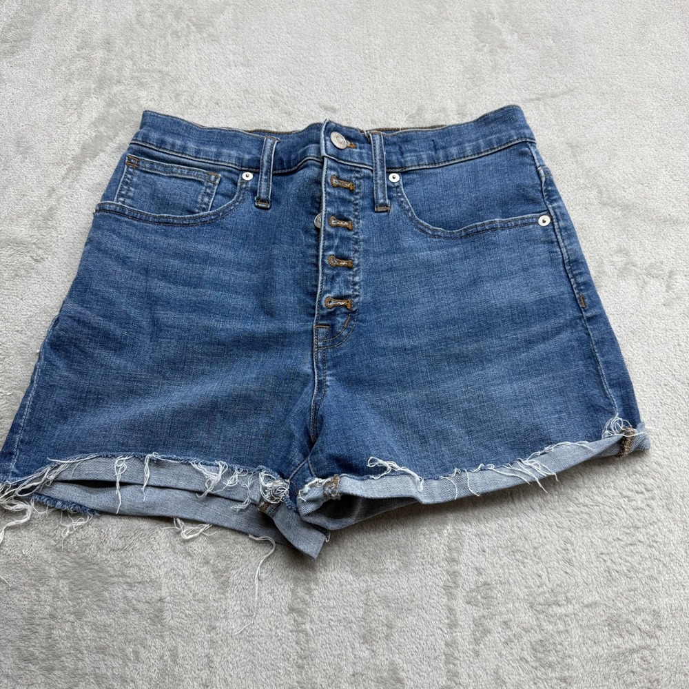Madewell Hi Rise Denim Shorts Women 27 Blue Button Fly Raw Hem Distressed Cutoff